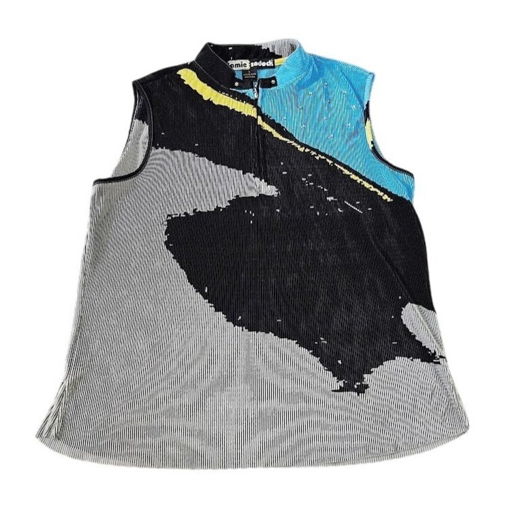 Jamie Sadock Sleeveless Top Women Large Abstract Rhinestone Mock Neck Blue Golf